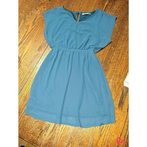 Small Buttons Blue Short Butterfly Sleeve Open Back Elastic Waist Lined Dress